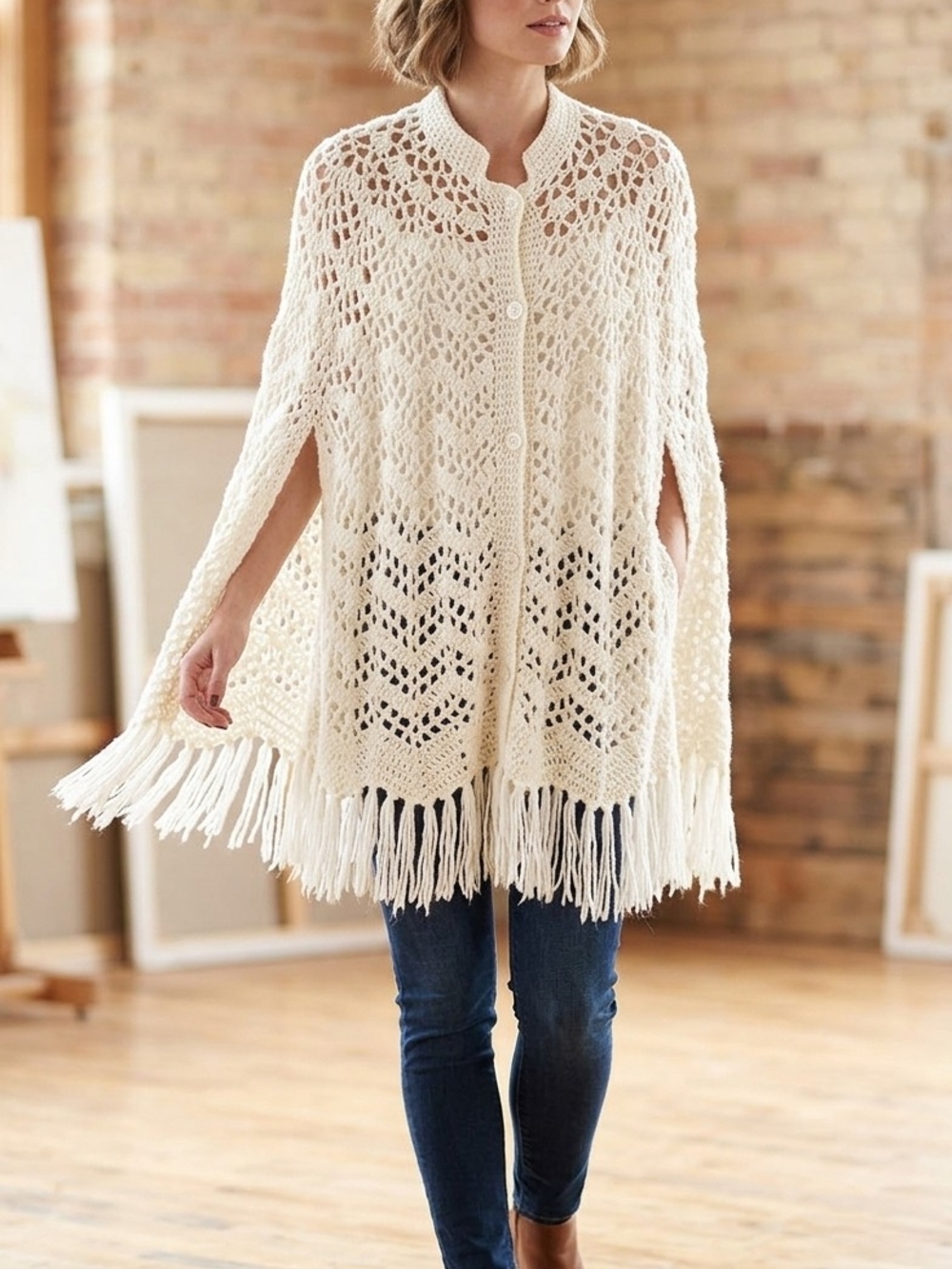 Vintage 70s Handmade Crochet Button-Down Capelet Poncho with Arm Slits & Fringe